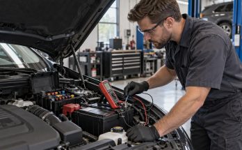 Automotive technician measuring parasitic battery current with a digital multimeter