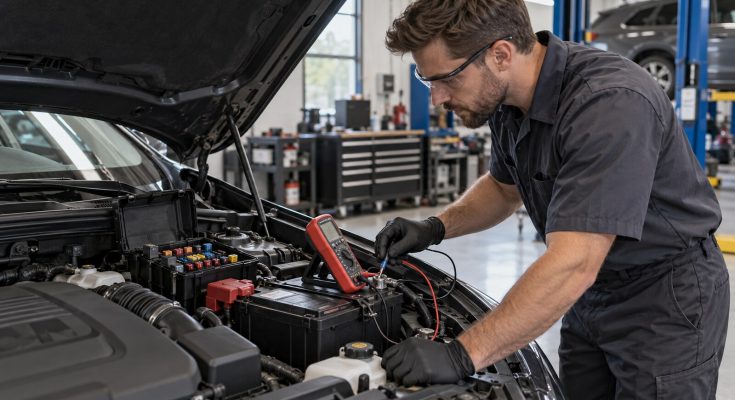 Automotive technician measuring parasitic battery current with a digital multimeter