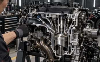 Modern Japanese gasoline engine showing port and direct fuel injectors in a workshop