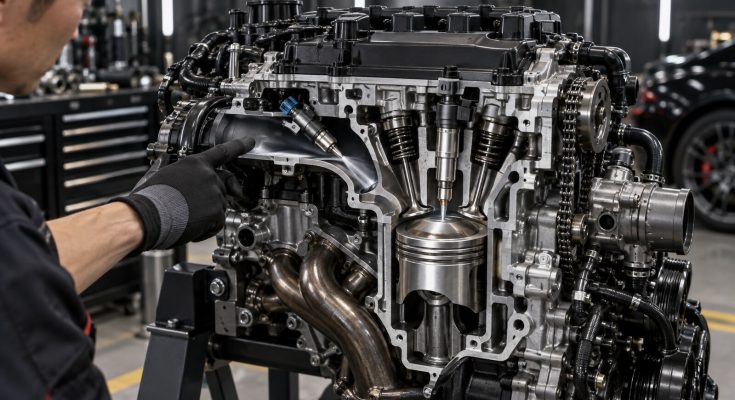 Modern Japanese gasoline engine showing port and direct fuel injectors in a workshop