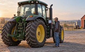 Farmer monitoring a modern tractor during diesel particulate filter regeneration