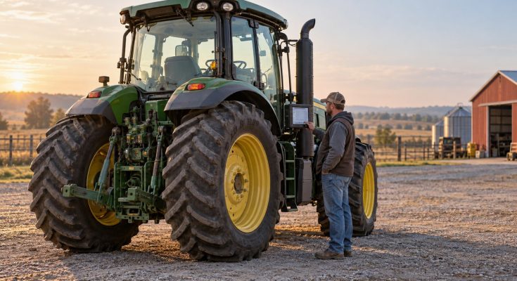 Farmer monitoring a modern tractor during diesel particulate filter regeneration