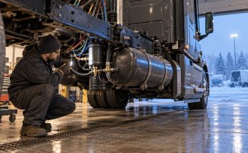 Semi-truck mechanic inspecting an air dryer and air-brake reservoir before winter
