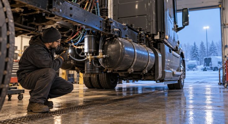 Semi-truck mechanic inspecting an air dryer and air-brake reservoir before winter