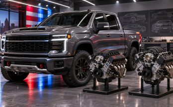 Next-generation American full-size pickup truck displayed with two modern V8 engines