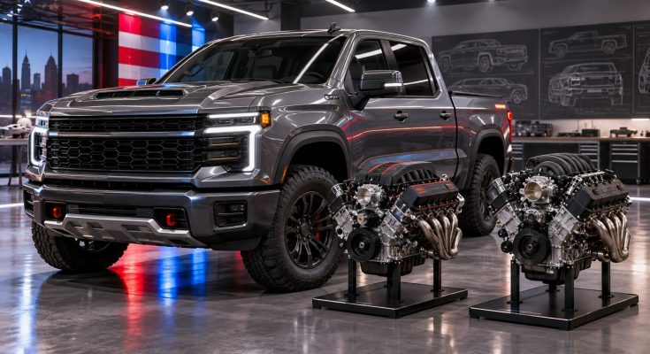 Next-generation American full-size pickup truck displayed with two modern V8 engines