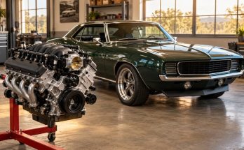 Generic modern V8 engine on a stand beside a classic American muscle coupe in a workshop.