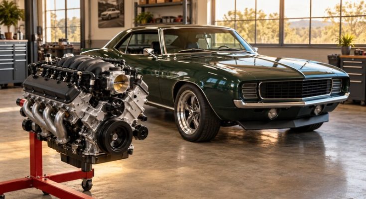 Generic modern V8 engine on a stand beside a classic American muscle coupe in a workshop.