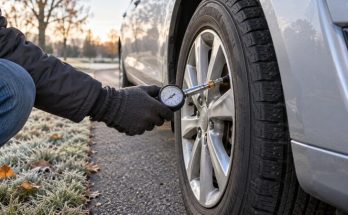 Gloved hand checking a parked sedan’s tire pressure with a gauge on a cold morning.