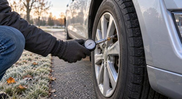 Gloved hand checking a parked sedan’s tire pressure with a gauge on a cold morning.