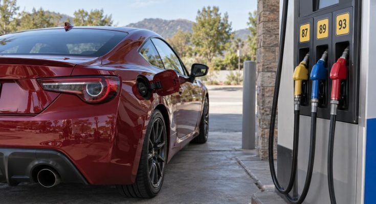 Red Japanese-style sport coupe beside a gasoline pump displaying 87, 89 and 93 octane options.