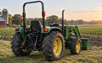 Parked utility tractor with an upright rollover protective bar and a seatbelt across its empty seat.