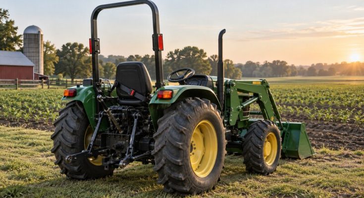 Parked utility tractor with an upright rollover protective bar and a seatbelt across its empty seat.