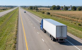 Blue tractor-trailer leaving a large gap behind a passenger car on a rural divided highway.