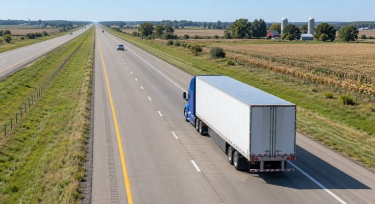 Blue tractor-trailer leaving a large gap behind a passenger car on a rural divided highway.