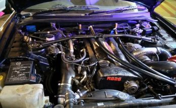 Nissan RB26 twin-turbo engine installed in a Skyline engine bay