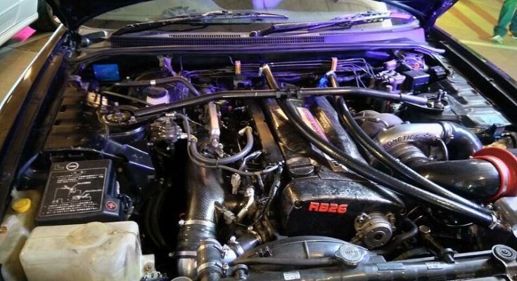 Nissan RB26 twin-turbo engine installed in a Skyline engine bay